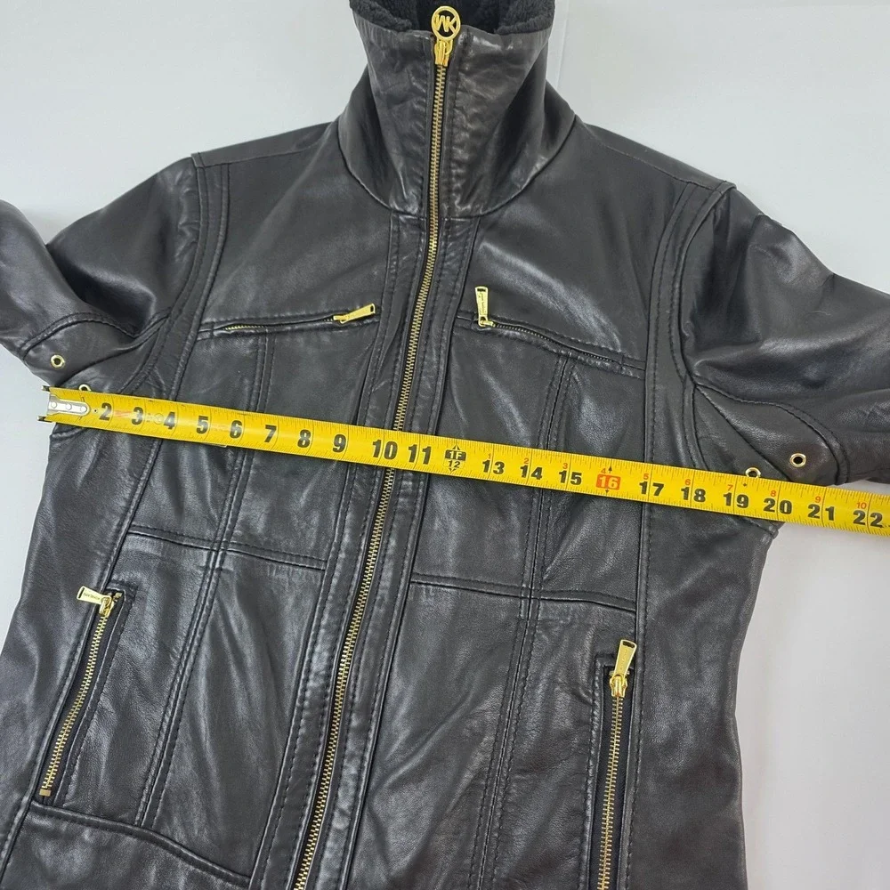Michael Kors Jacket Womens XL Black Leather Moto Full Zip Sherpa Collar Lined